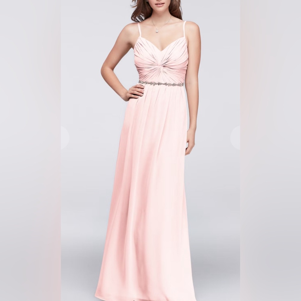 DAVID'S BRIDAL twist bodice chiffon bridesmaid dress with beaded belt size 2